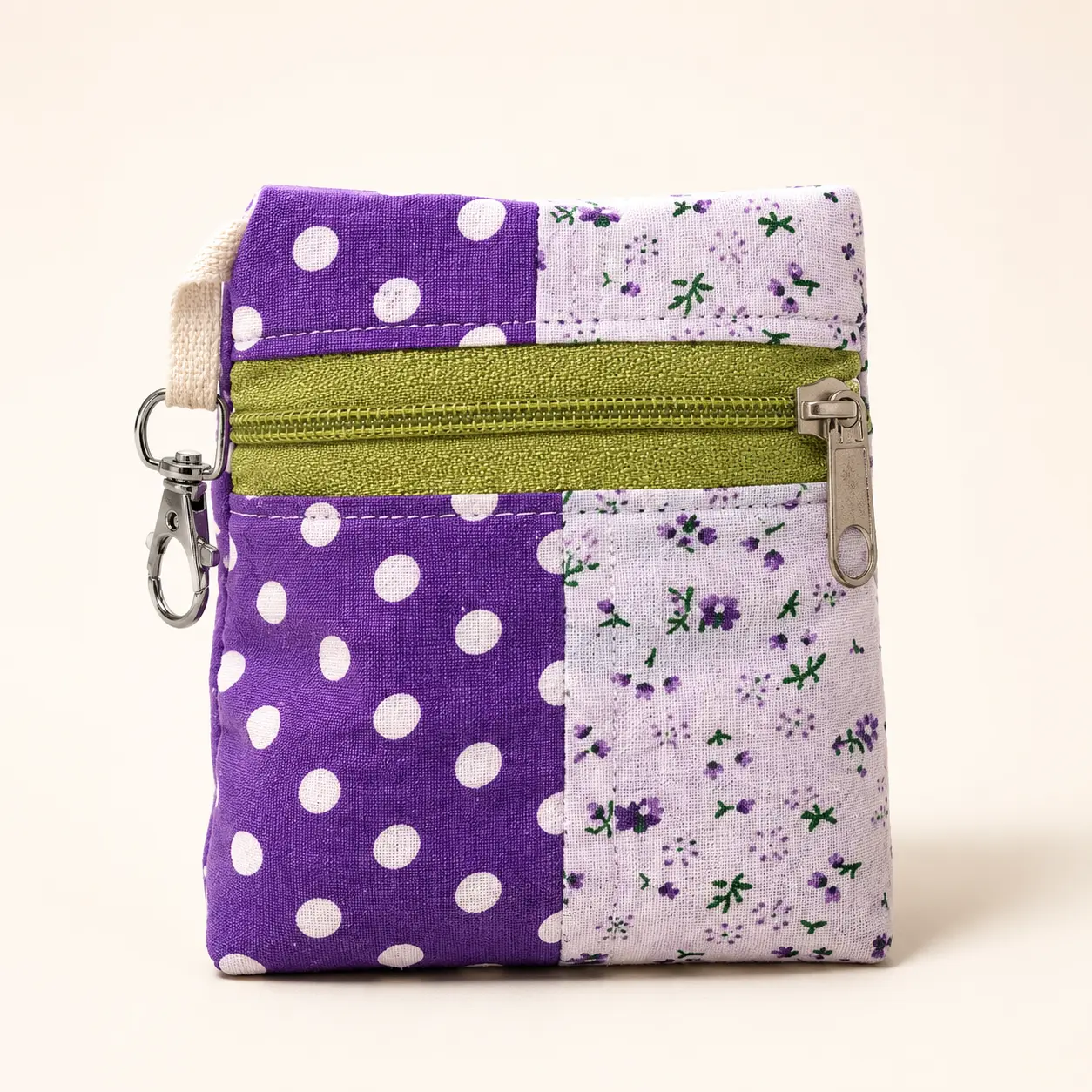 Handmade Standing Zipper Pouch – Purple Polka Dot & Lavender Ditsy Floral / Olive Zipper
