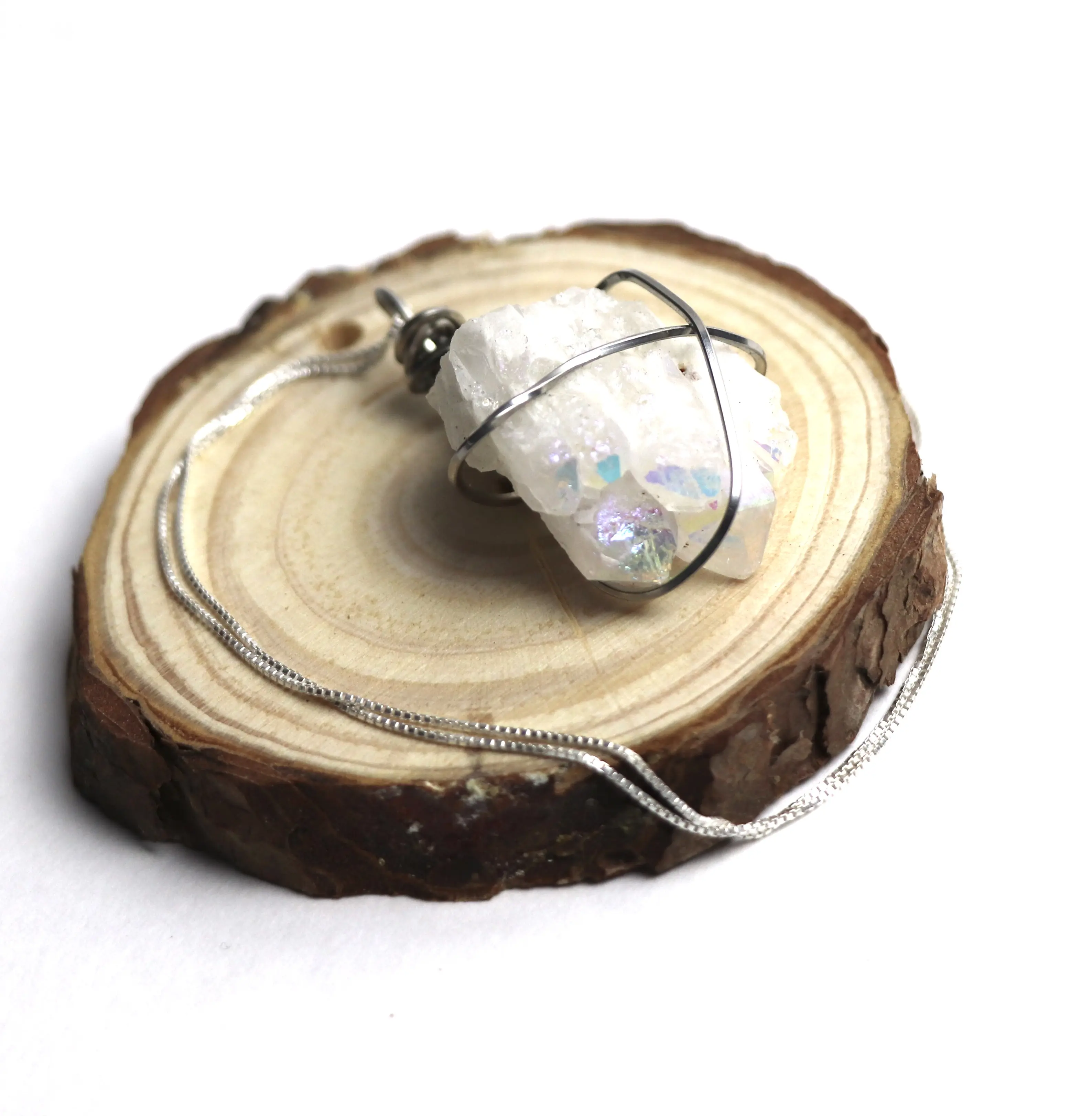 Couture Crystalz - Rainbow Road - Sterling Silver Wrapped Iridescent Angel Aura Quartz Spirit Cluster Pendant Necklace (Silver Necklace not included)