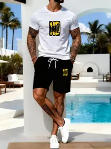 Men's Summer New Set Casual Short Sleeve T-Shirt Top + Breathable Shorts Two-Piece Set, Hip-Hop Trendy Letter Pattern Tee & Sport Shorts