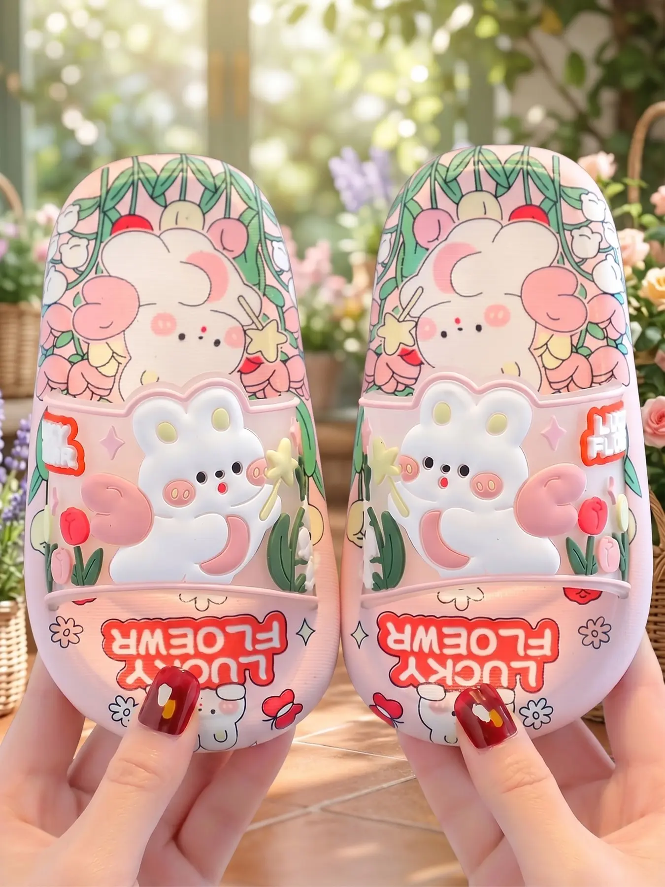 Summer Kids Slippers, Cute Cartoon Slides, Fun Slippers, Cute Cartoon Print, Soft PVC Sole, Non-Slip Indoor Shoes, Rabbit Design, All Seasons, Child Friendly, Summer Slide Slippers