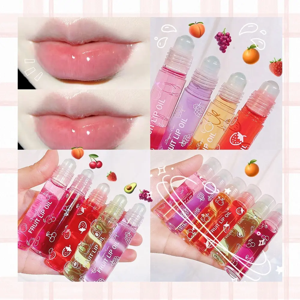 6 PCS Fruit Flavor Moisturizing Lip Oil Roller, Shiny Lip Balm, Glossy Lipstick Makeup
