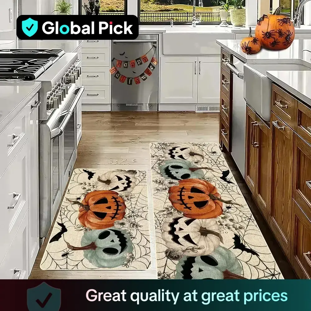 2 Piece Halloween Kitchen Rug Set, Pumpkin Design Non-Slip Soft Low-Profile Door Mat, Halloween Theme Farmhouse Party Decor for Home, Kitchen Rugs Set