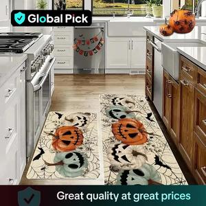 2 piece halloween kitchen rug set, pumpkin design non-slip soft low-profile door mat, halloween farmhouse party decor for home