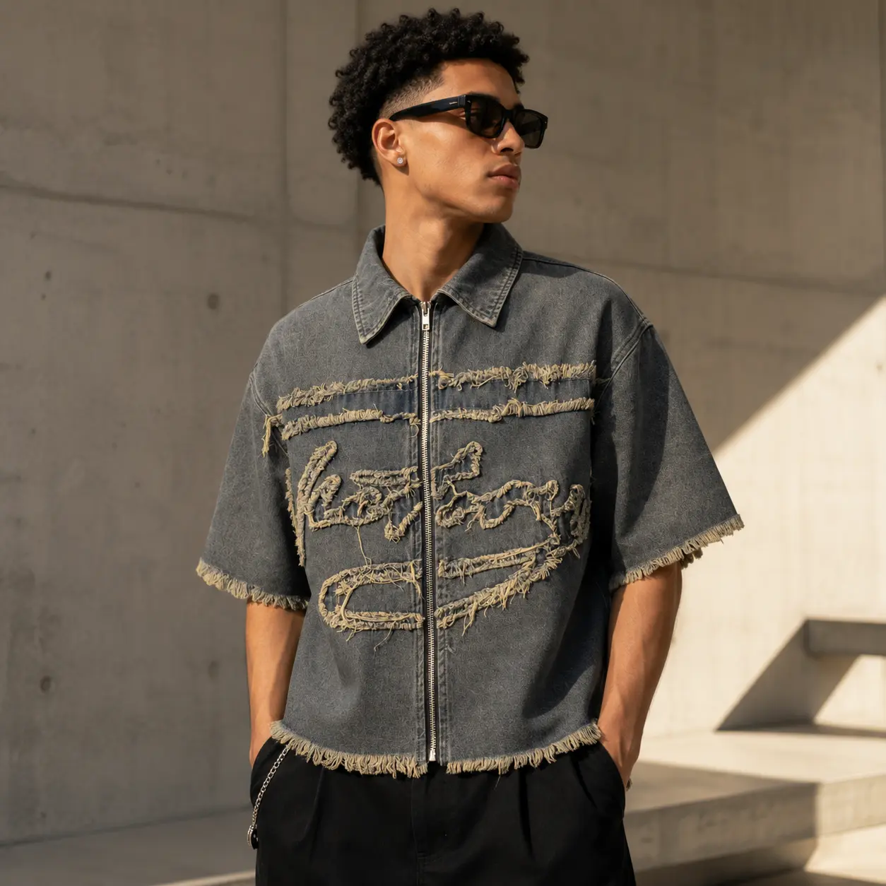 Men's High Cotton Frayed Letter Embroidery Denim Shirt Jacket, Vintage Washed Cropped Zip‑Up Short Sleeve Top, Streetwear Y2K Casual Outerwear for Men