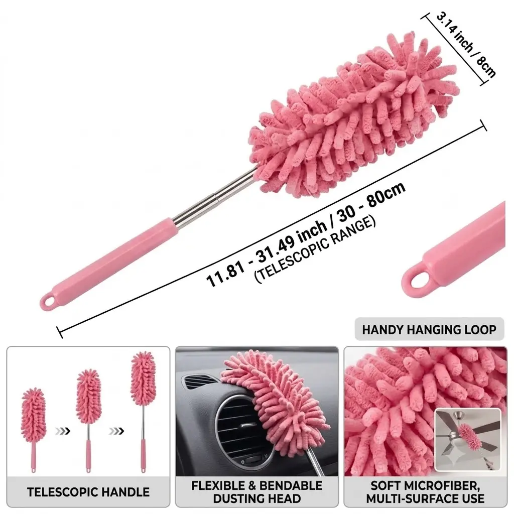 Microfiber duster Chenille duster Washable microfiber duster Reusable duster Home cleaning duster Car interior d Dust removal toolreach ceiling dusterTraps dust,dirt and allergens effectively without scatteringMachine washable and reusableforlong-term