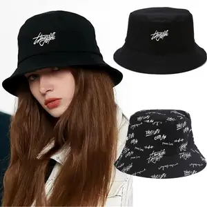 Unisex Bucket Hat Reversible Beach Sun Hat Double-Side-Wear Letter Printing Hip Hop Fishing Hat for Men Women Teens