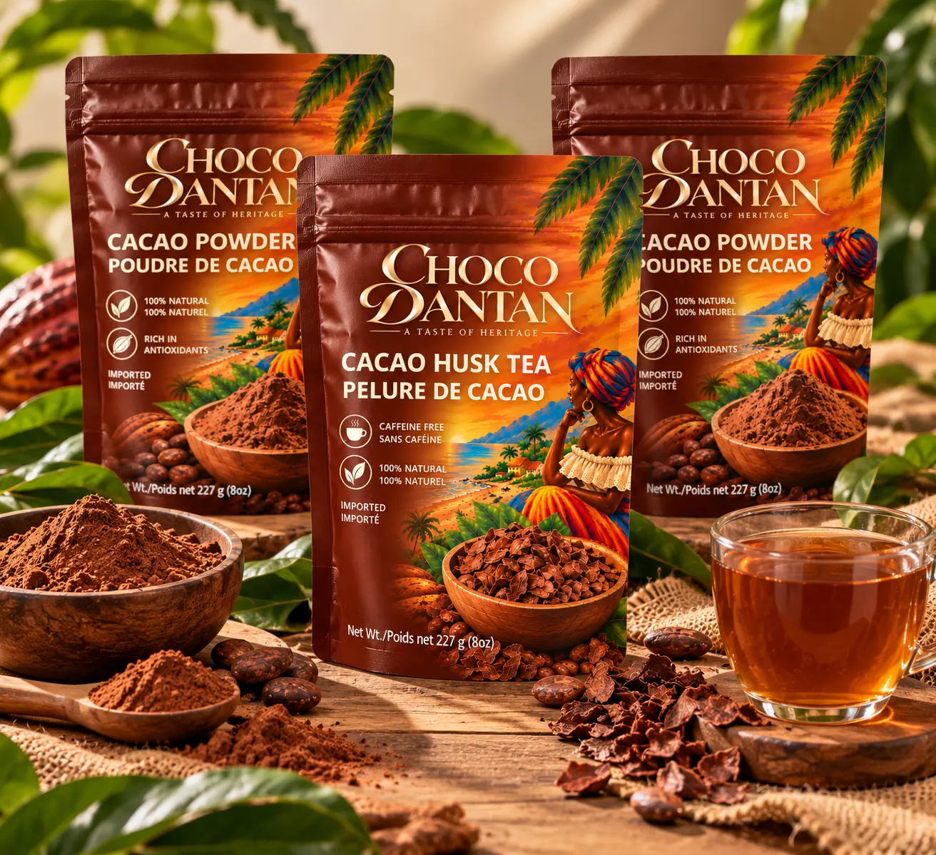Choco Dantan Cacao Powder & Cacao Husk Tea 227g Each 100% Natural Rich in Antioxidants Caffeine Free Import