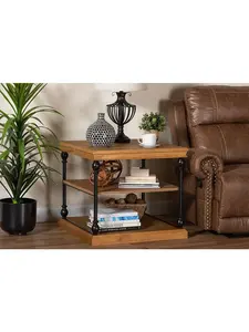 212 MAIN Sebastian Traditional Industrial Square 3-Tier Wood Side Table - Oak Brown Finished Wood, Black Metal Accents, Solid Frame, 3 Shelves, 28.1x28.1x25 in