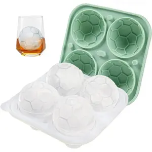 Soccer Ice Cube Mold, Football Shaped Silicone Sphere Ice Tray with Clear Funnel Lid, Makes 4 Large Ice Balls for Whiskey Cocktails Drinks, Green