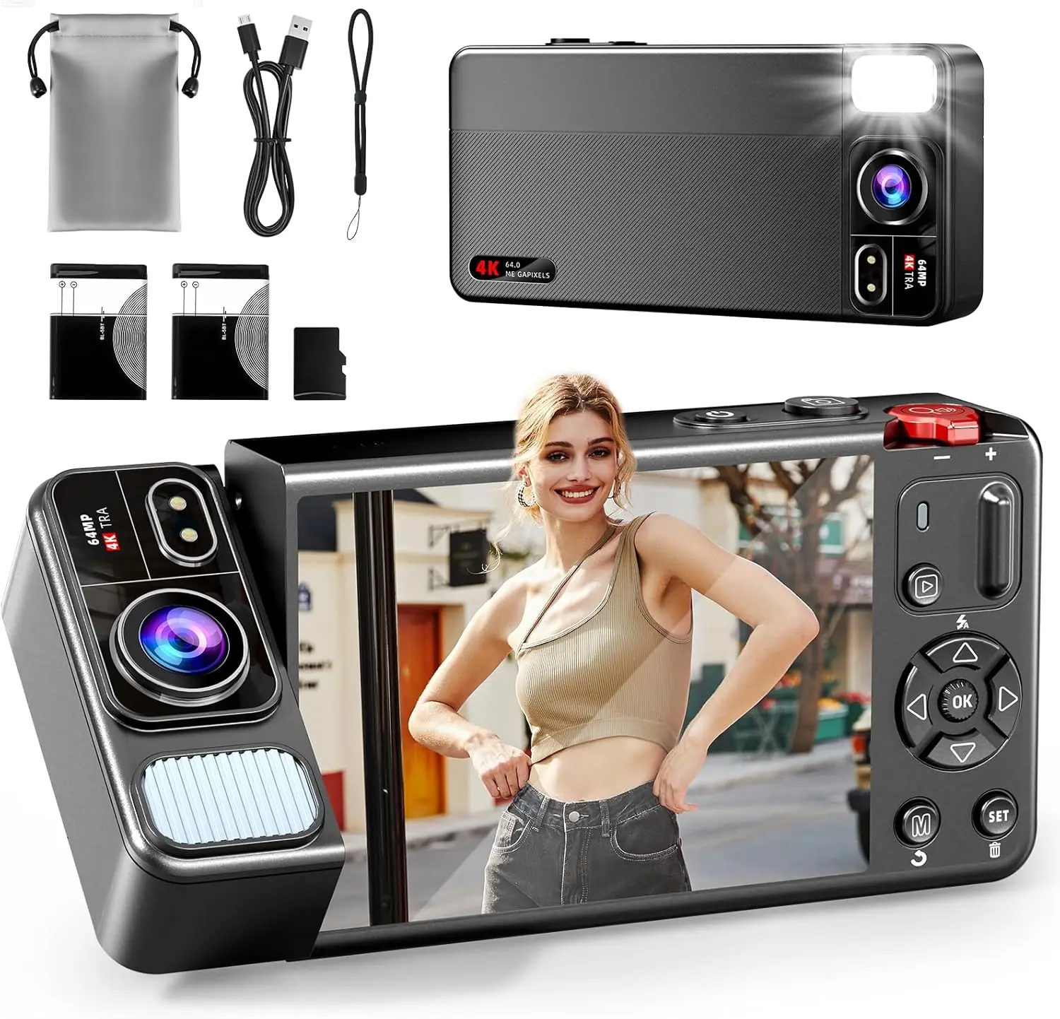 Digital Camera, high-megapixel pixels Cameras for Photography, 270°Flip Screen Vlogging Camera, Flash, 18X Zoom, 2 Batteries, 64GB Card, Point and Shoot Digital Cameras for Kids Teens, Black