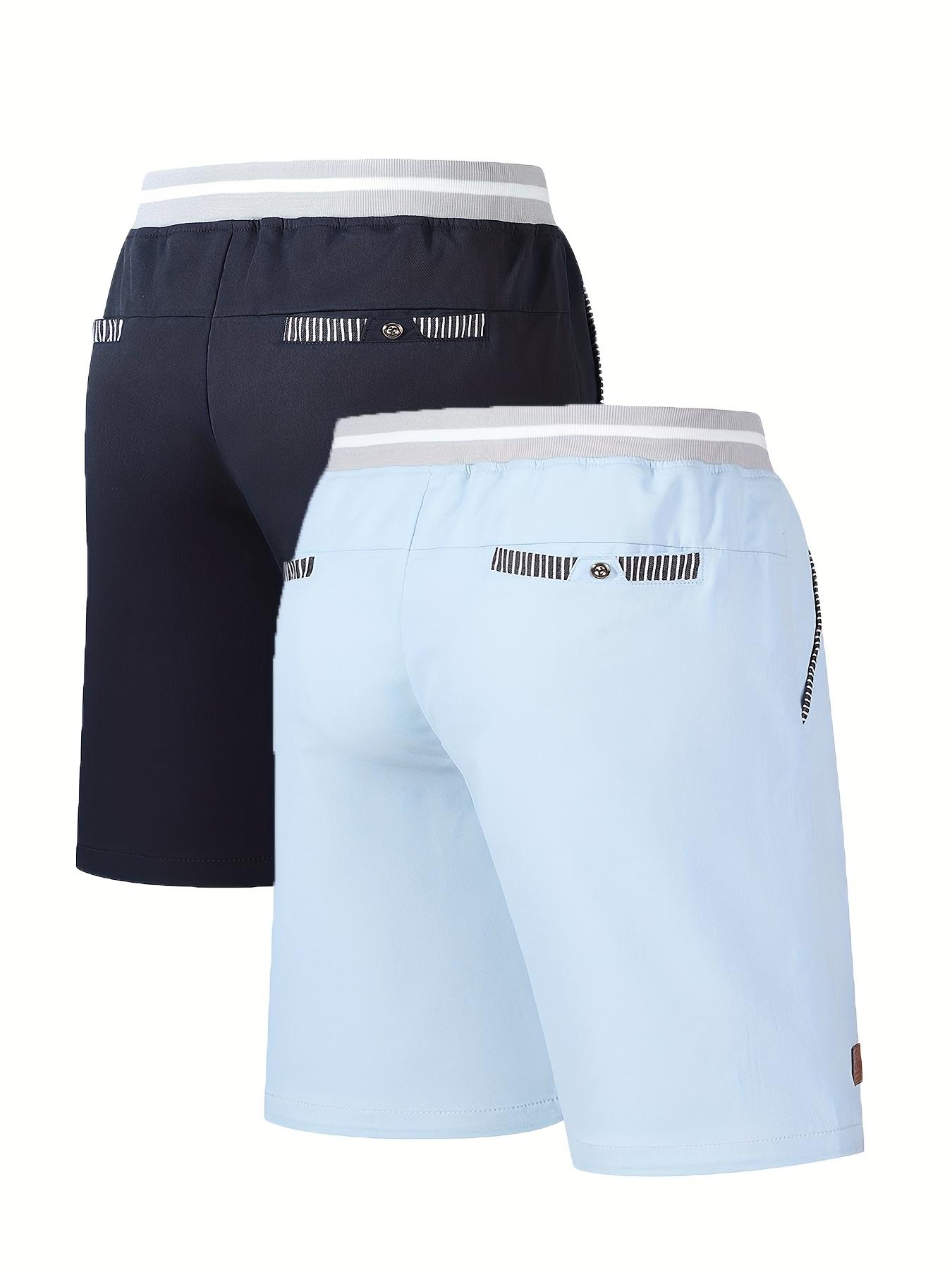 Men’s summer casual bermuda shorts, two-pack; adjustable elastic waistband with drawstring; striped pockets; leather patch decoration; breathable and comfortable; suitable for outdoor everyday wear and versatile.