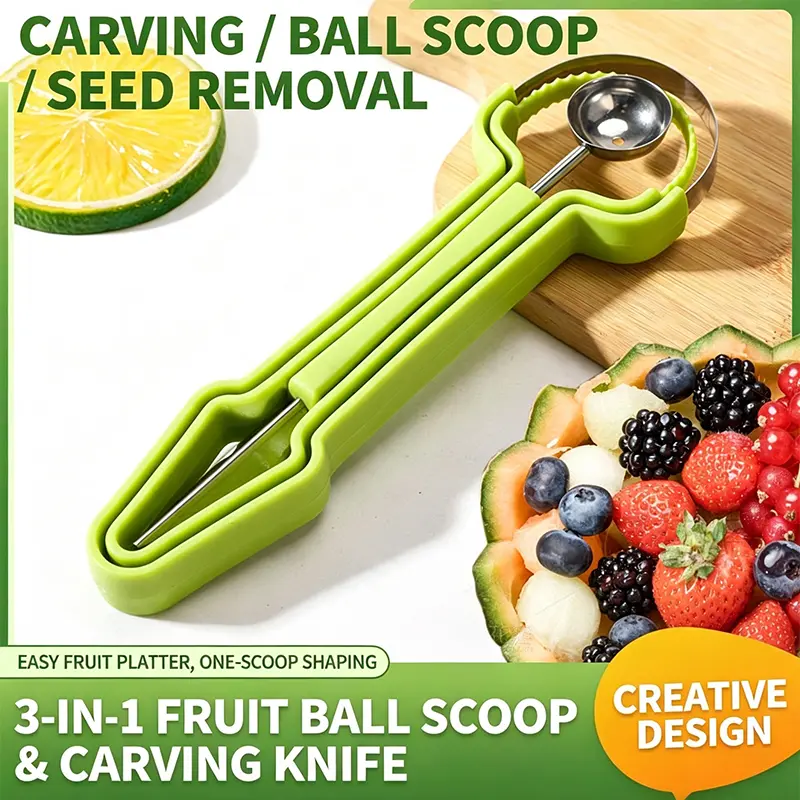 4-in-1 fruit tool set for cutting fruit, scooping balls, peeling, and more; plastic kitchen utensils suitable for watermelon, cantaloupe, and other fruits.