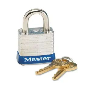 Master Lock  Master Lock Four-Pin Tumbler Lock Laminated Steel Body 1-1/8 Wide Silver/Blue Two Keys EA -