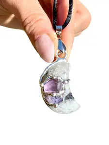 New Moon Beginnings Moon Amulet Pendant with Black Satin Cord, Labradorite, Amethyst, Tanzanite Crystals