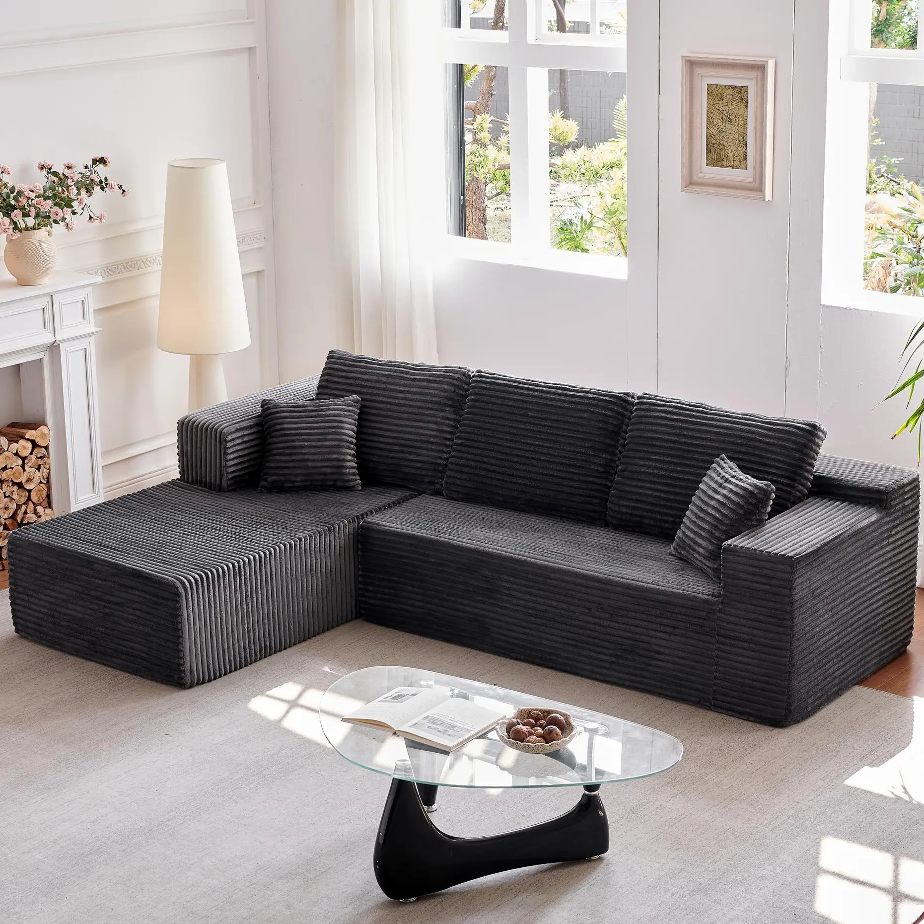 Modular Sectional Sofa L-Shape Couch with Chaise  Frameless Upholstered Sofa Corduroy Cloud Couch Sectional, No Assembly