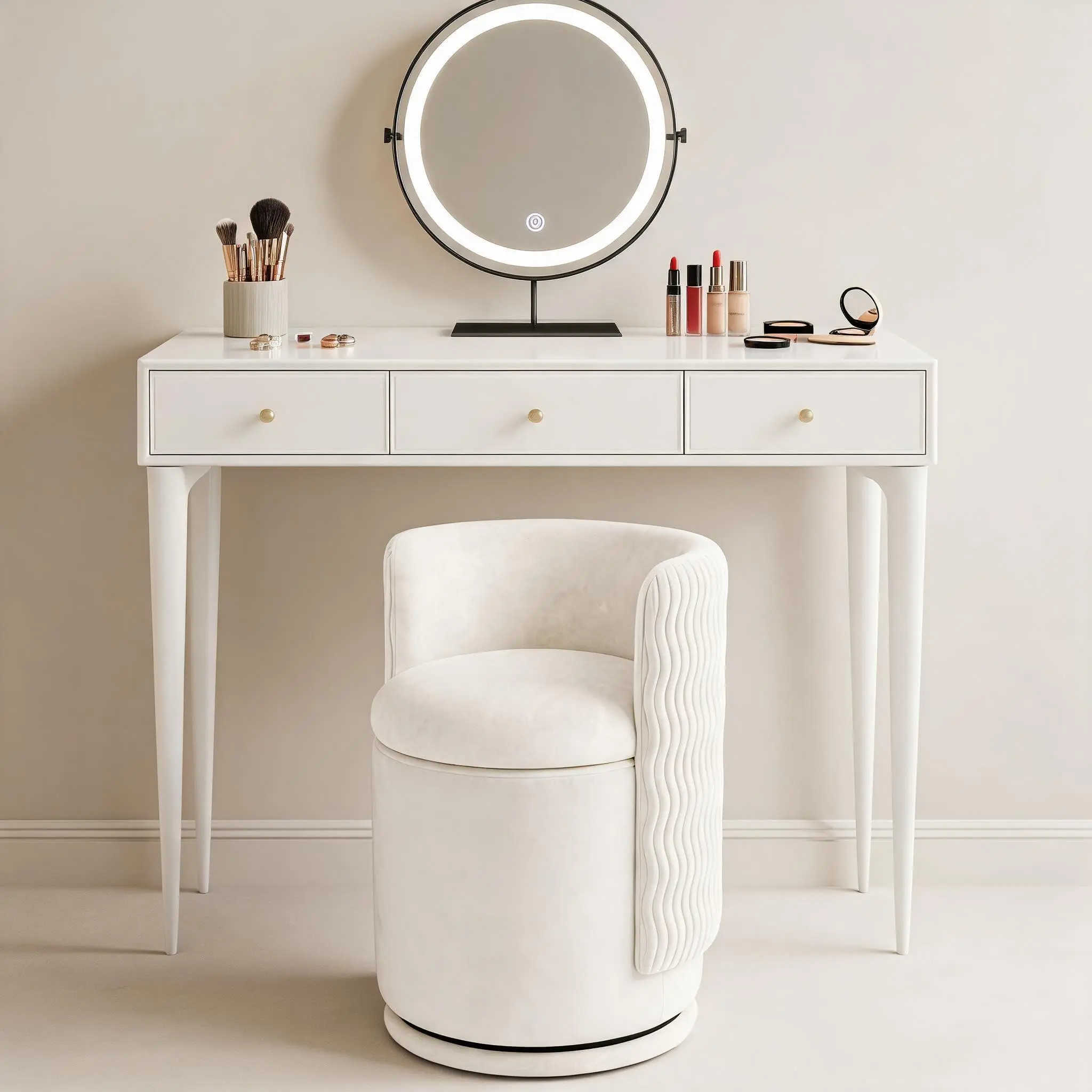 360° Swivel Velvet Vanity Chair with Hidden Storage,Makeup Stool with Wave Backrest, Modern Accent Stool for Bedroom, Dressing Room & Living Room, No Assembly Required