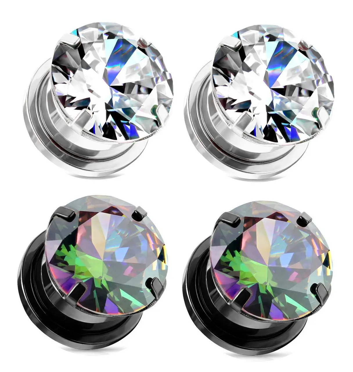 2 Pairs Screw Fit CZ Cubic Zirconia Gem Plugs Black Plated Steel Rainbow gauges