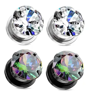 2 Pairs Screw Fit CZ Cubic Zirconia Gem Plugs Black Plated Steel Rainbow gauges