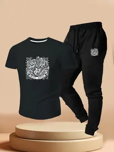 Vintage Rock Guitar Rose Print Two-Piece Set, Casual Short Sleeve + Slim Fit Sport Pants, Summer Rock Style