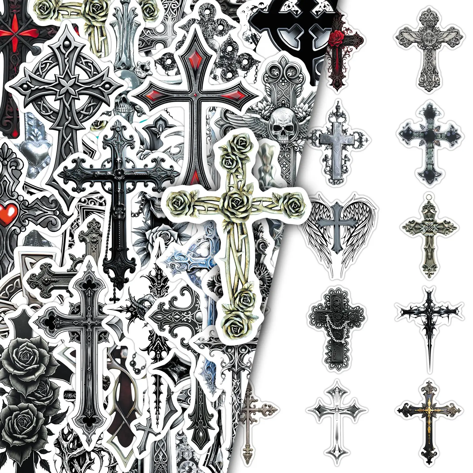 100 DIY Decorative Stickers for Scrapbooking: Double Set of Repeated Cross Designs - Edgy, Dark Visual Style for Creative Decoration, Graphic Decal, Sticker Sheets