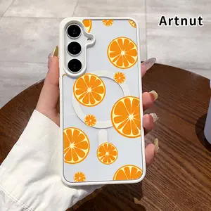 Orange Slice Symphony Pattern Magnetic Phone Case Compatible with Samsung Galaxy S23 Ultra S24 Plus S25 S22+ FE Anti-Yellowing Shockproof Lightweight Transparent Acrylic Soft Cover Supports Wireless Charging.