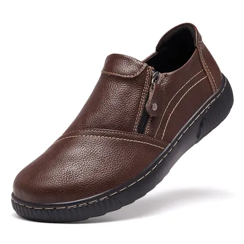 Women's Chic Striped PU & Fabric Upper Slip-On Loafers - Casual Wear Walking Shoes, Flat Ankle Footwear, Round Toe, Flexible Rubber Sole, Fast On/Off Time-Saving Slip Resistant Design