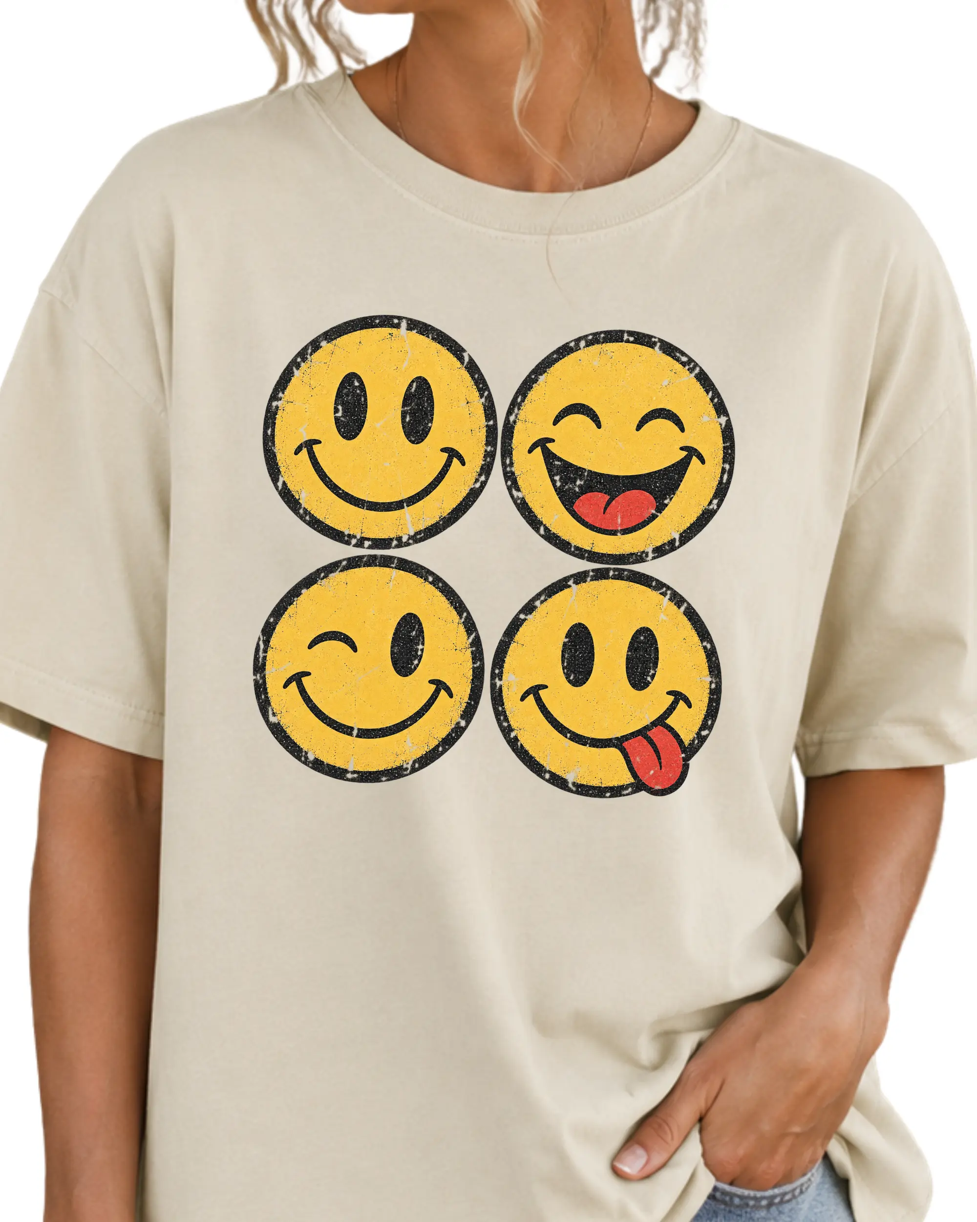 Men's Vintage Crew Neck T-Shirt - Relaxed Fit, Graphical Smiley Faces Design, Cold Machine Washable