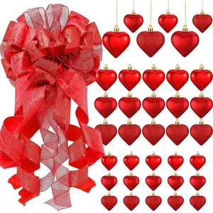 Valentines Day Tree Topper 12 x 34 Inches Large Topper Bow and 36 Pieces Flash Valentines Day Heart Ornaments with Wired Edge Valentine Decorations for Tree Valentines Christmas Ornaments(Red)