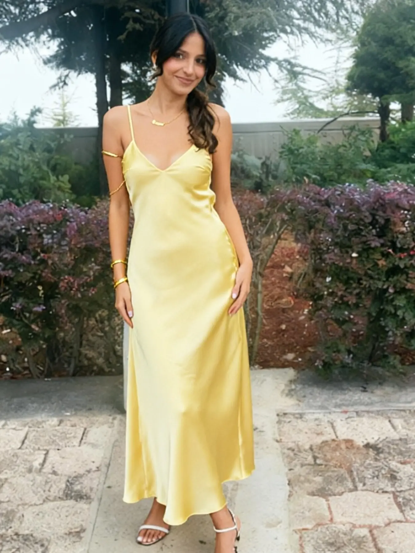 mango yellow dress satin Draped neck satin dress