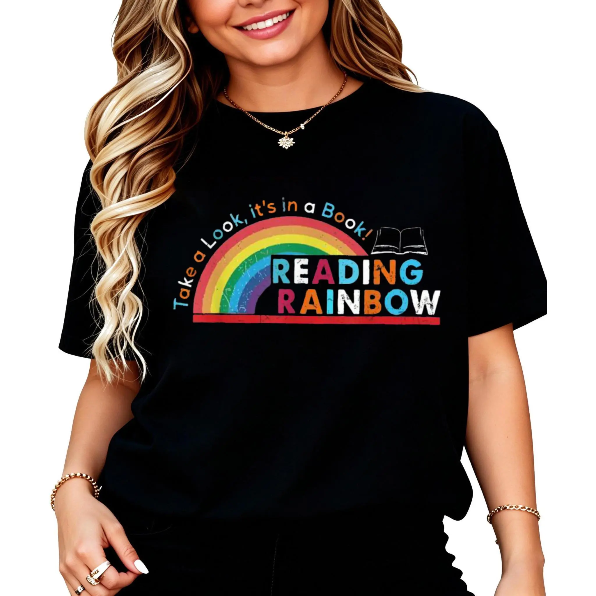 100% Cotton Take A Look Its In A Book Reading Rainbow T-Shirt Women Men Unisex Clothing Streetwear
