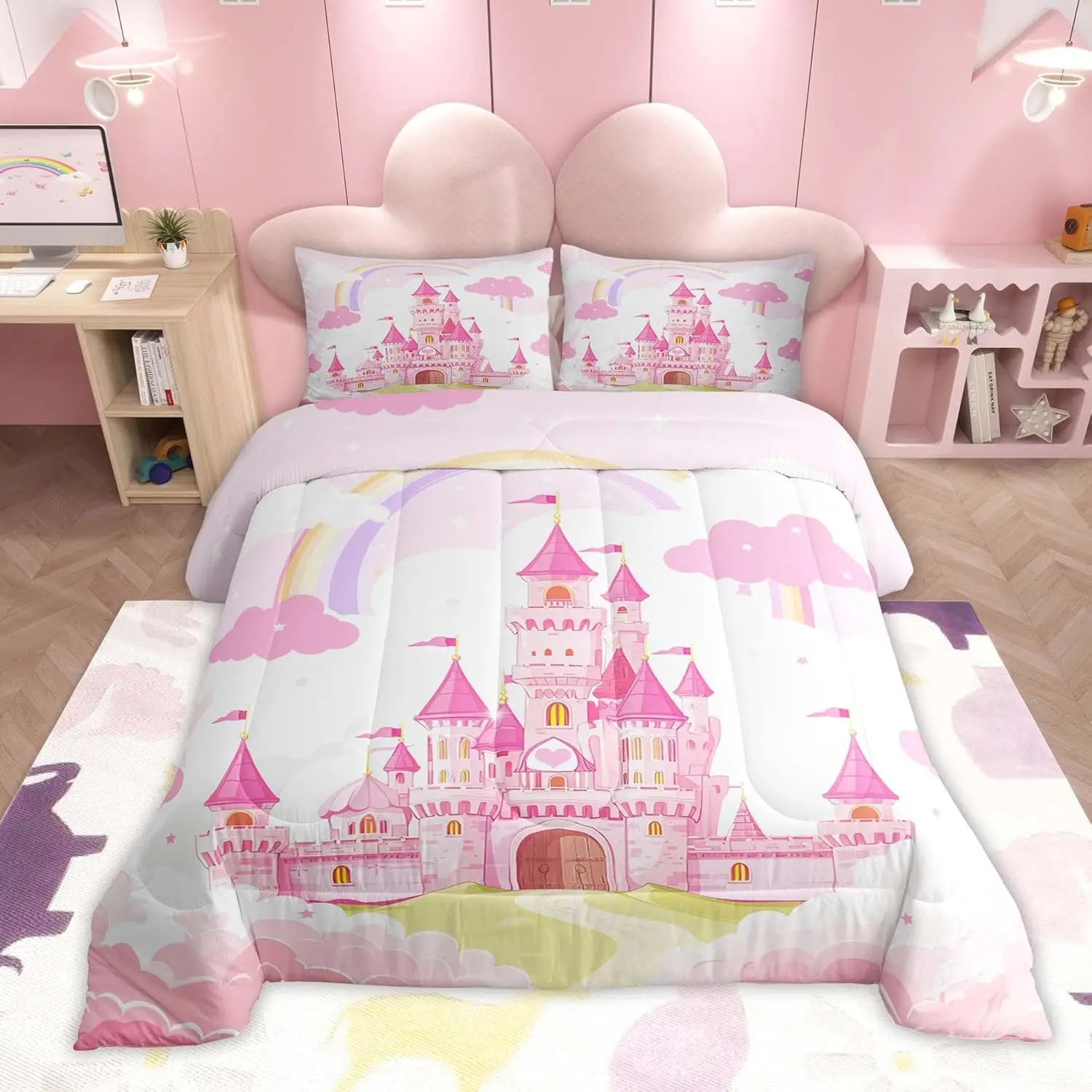Feelyou Princess Castle Digital Printed Microfiber Duvet Set - Soft Warm Bedding, Multi-Size Twin/Full/Queen, Machine Washable, Breathable All-Season Set for Toddler Girls with Pillows Included