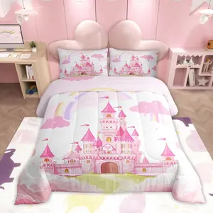 Twin Full Queen Pink Castle Comforter Set,Rainbow Castle Bedding Set,Princess All Season Super Soft Comforter,Fairy Tales Duvet Set for Boys Girls