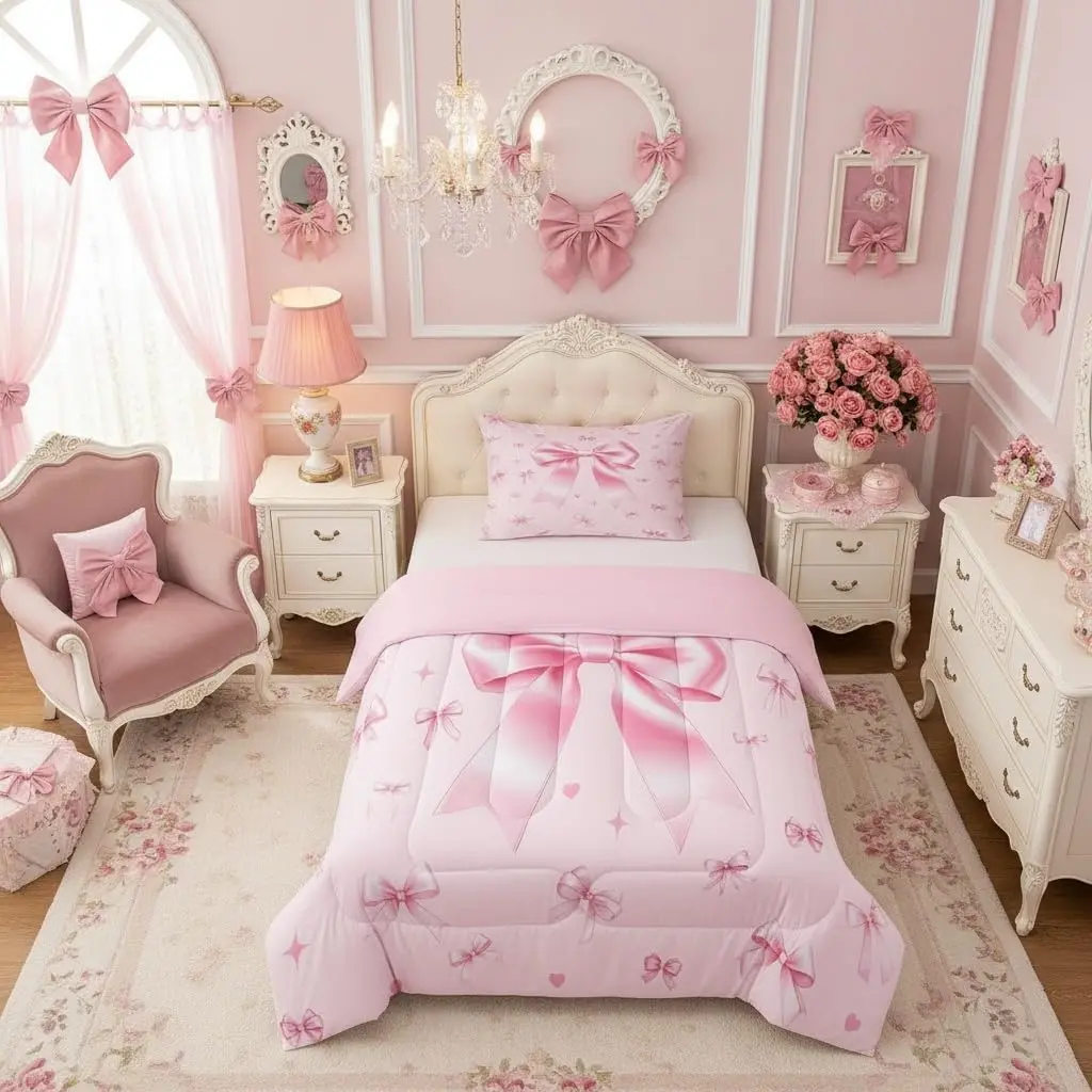 Pink Bowknot Comforter Set,Preppy Trendy Kawaii Princess Bedding Set Bedroom,Cute Ribbon Bow Tie Down Comforter