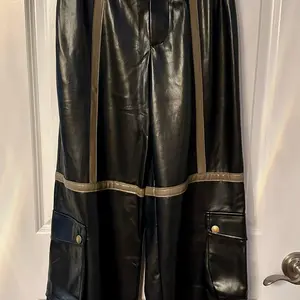 Forever21 Wide Leg Cargo Style Pants Size Small - Black Leather Look with Gold Accents and Pockets