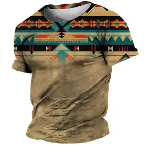 Retro ethnic style T-shirt, men's printed geometric pattern crew neck short sleeve top, casual and comfortable short sleeve top