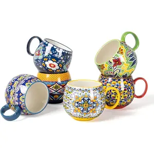 Boho Ceramic Coffee Mugs Set of 6 – 20 oz Large Porcelain Cups for Latte, Cappuccino, Tea, Cocoa & Soup – Microwave & Dishwasher Safe