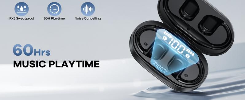 Open-Ear Bluetooth 5.4 Wireless Headphones with LED Display, 60H Playtime, Clear Call Mic, Waterproof Sports Over-Ear Design, Soft Silicone Earbuds, Pink Holiday Gift Bundle, Fast Charging Digital headphones bluetooth earbuds wireless