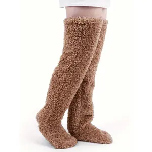 1Pair Over Knee High Fuzzy Socks Plush Slipper Stockings Furry Long Leg Warmers Winter Home Sleeping Socks, Polyester, Fabric