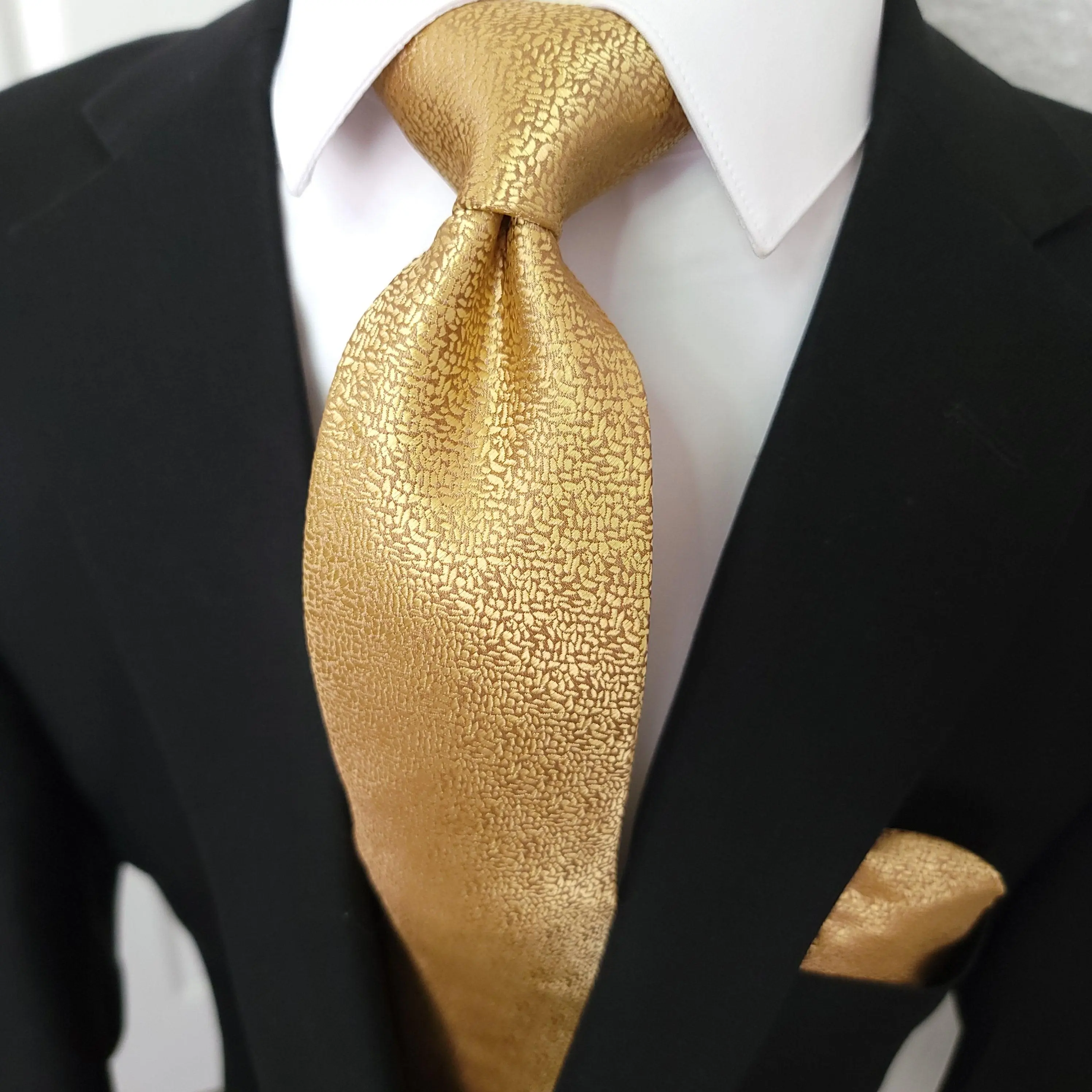 Gold Solid Silk Tie Pocket Square & Cufflinks