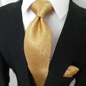 Gold Solid Silk Tie Pocket Square & Cufflinks