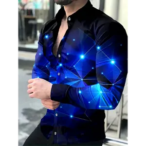 Men's Collared Galaxy Starry Night Mixed Color Geometric Long-Sleeve Shirt - Casual Stretch Polyester Spandex Tops, Button-Up with Chest Pocket, Machine Washable, Summer Vibes