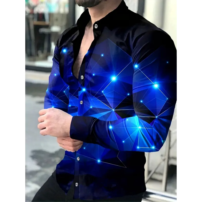 Men's Blue Starry Night Geometric Long Sleeve Shirt - Casual Polyester Blend, Button-Up With Chest Pocket, Machine Washable