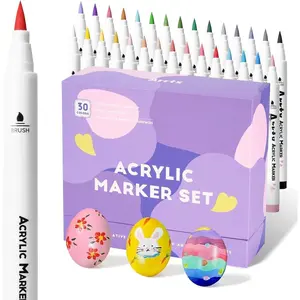 30 Colors   Pens for Rock Painting, Extra Brush Tip, Water Based  Markers for Stone, Glass, Easter Egg,  and Fabric Painting-No ,No Odor 30A