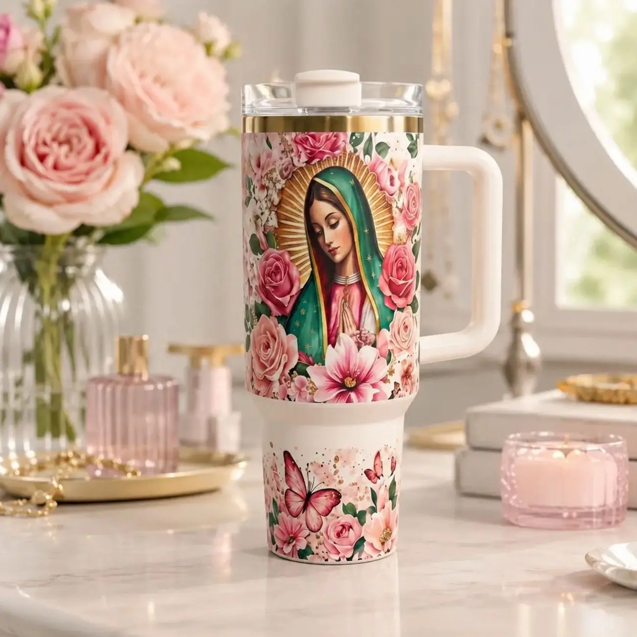 Virgin Mary Our Lady of Guadalupe Tumbler 40oz 30oz with Handle, Catholic Floral Stainless Steel Cup, Religious Gift, Insulated Hot Cold Drink Mug