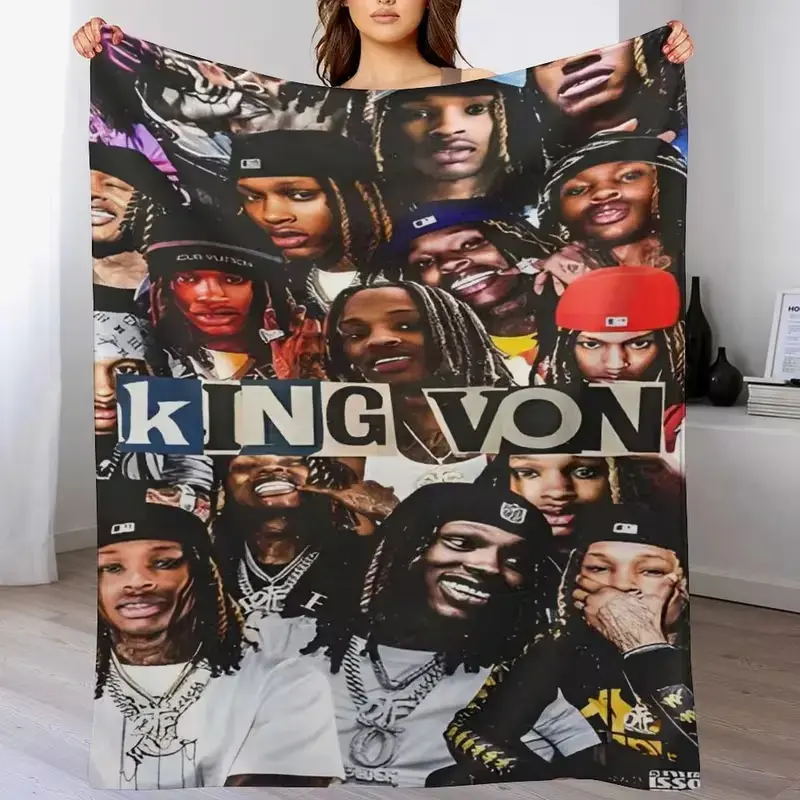 King Von Portrait Print Plush Flannel Blanket - Soft, Warm, Cozy, Durable, Stylish, Vibrant, All-Season Comfort Blanket for Fans, Room Decor, Home & Travel Celebrity Collectible Gift