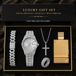 Men's Luxury Iced Out Gift Set | Rhinestone Watch, Cross Necklace, Bracelet, Ring & Perfume, Hip Hop Jewelry Bundle for Him