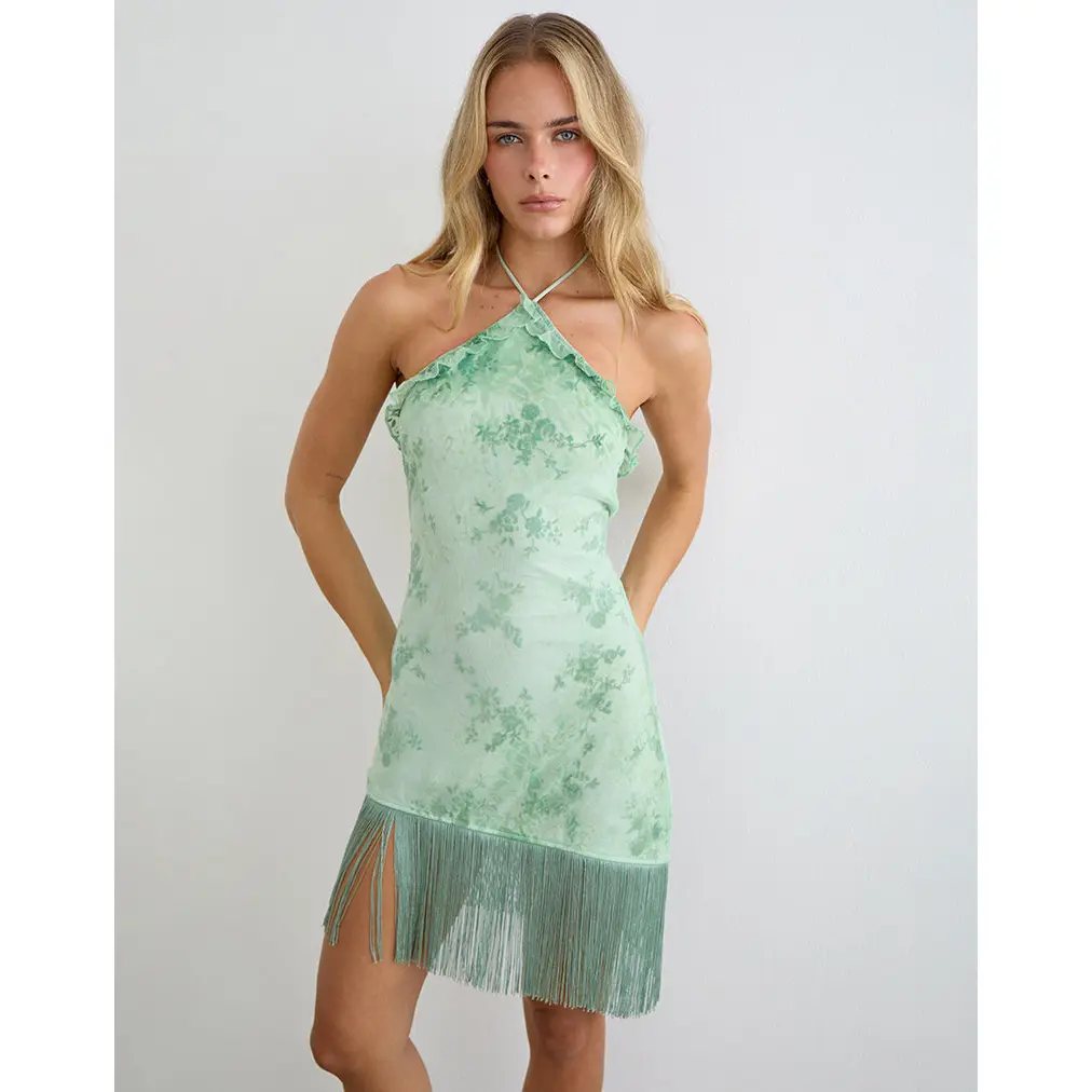 Ceye High Neck Asymmetric Mini Dress in Turquoise