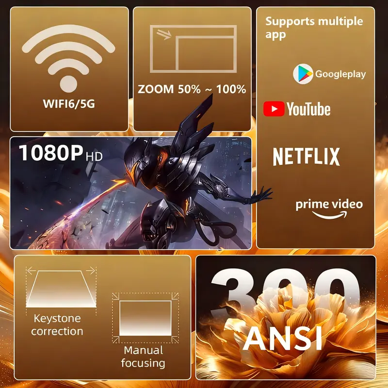 XBJ Diamond Projector 24/5G WiFi 360 Degree HD LED Multifunctional Projector with Built-in Speaker for Home Cinema Outdoor Use and 4K Decoding Ideal Holiday Gift 2