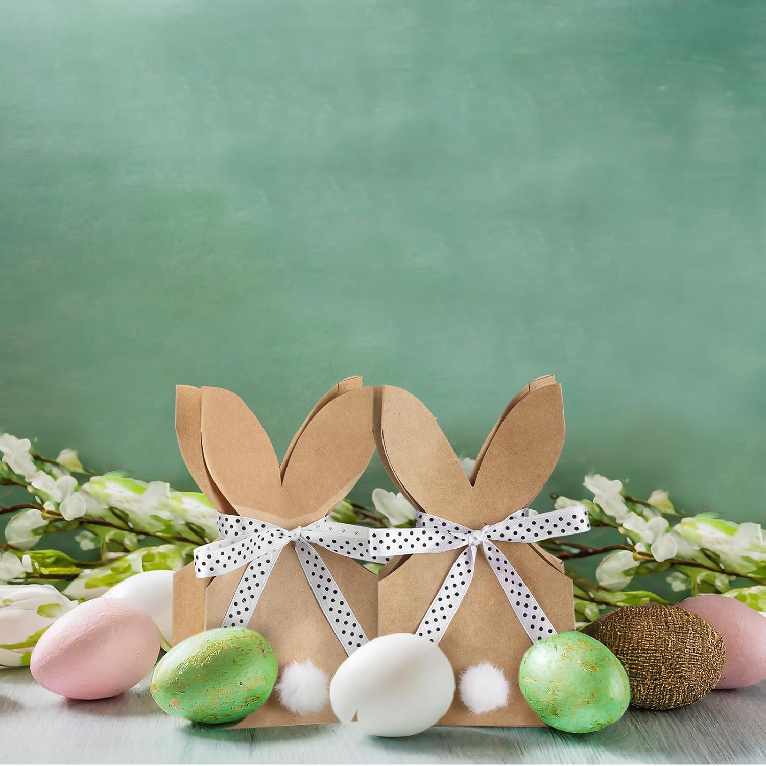 24/48 Pcs Boho Bow Easter Goodie Bags Bunny Paper Bags DIY Bunny Gift Boxes with Neutral Bow Ribbon Artificial Flower Rabbit Ear Treat Bags for Student Teacher Office Employee Coworker,School Classroom Table Decorations,Spring Birthday Wedding Party Favor