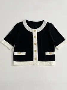 Women's Fitted Colorblock Sequined Aesthetic Round Neck Short Sleeve Front Metal Button Closure Fake Pocket Knit Cardigan Jacket